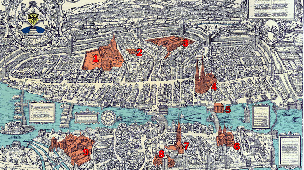 Kirchen und Klöster in Zürich auf dem Murerplan von Jos Murer von 1576 